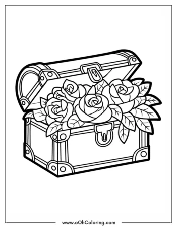 Coloring page of an open treasure chest filled with roses