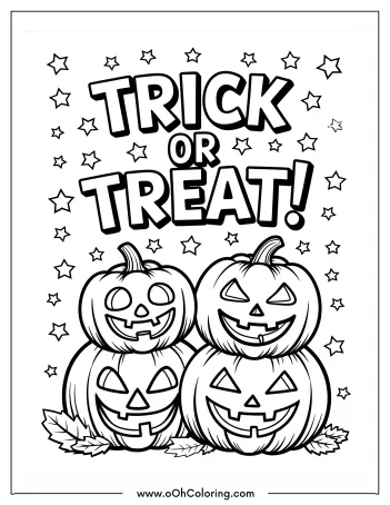 Halloween coloring page with three jack-o'-lanterns and 'Trick or Treat!' text