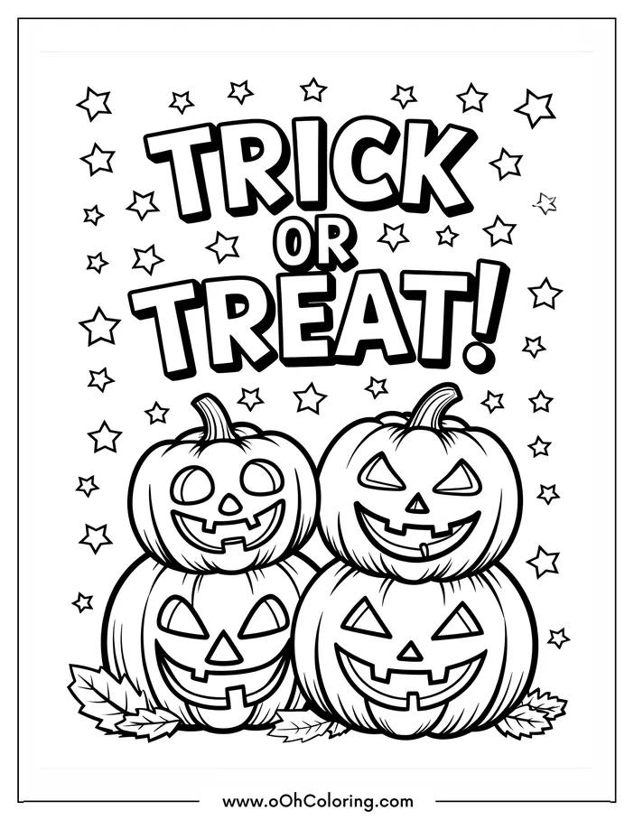 Halloween coloring page with three jack-o'-lanterns and 'Trick or Treat!' text