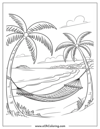 Coloring page of a hammock between palm trees on a beach