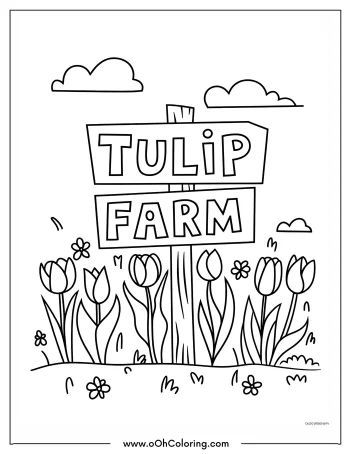 Coloring page with a 'Tulip Farm' sign and blooming tulips