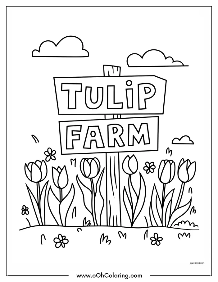 Coloring page with a 'Tulip Farm' sign and blooming tulips