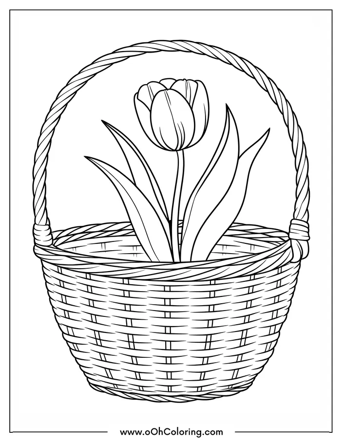 A coloring page of a tulip in a woven basket