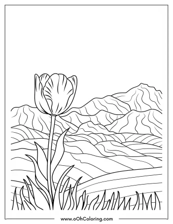 A coloring page of a tulip with a mountain scene in the background