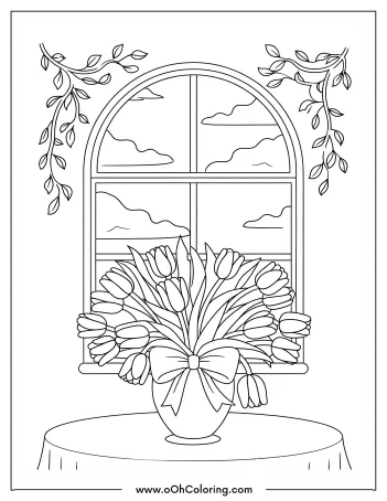 A coloring page of a vase with tulips on a table by a window