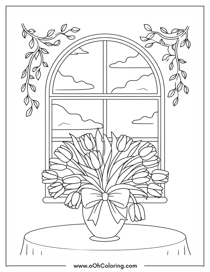 A coloring page of a vase with tulips on a table by a window