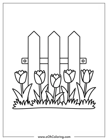 A coloring page of tulips in front of a wooden fence