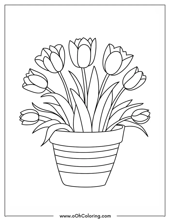 A coloring page of a pot with blooming tulips