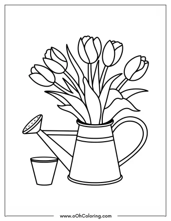 A coloring page showing tulips in a watering can with a small pot beside it