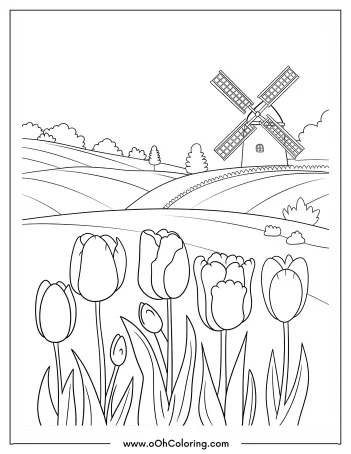 A coloring page featuring tulips in front of a windmill and hills.