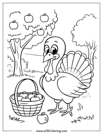 A coloring page of a turkey with a basket of apples in an orchard.