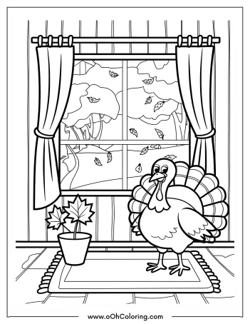 Turkey standing by a window with autumn leaves visible outside.