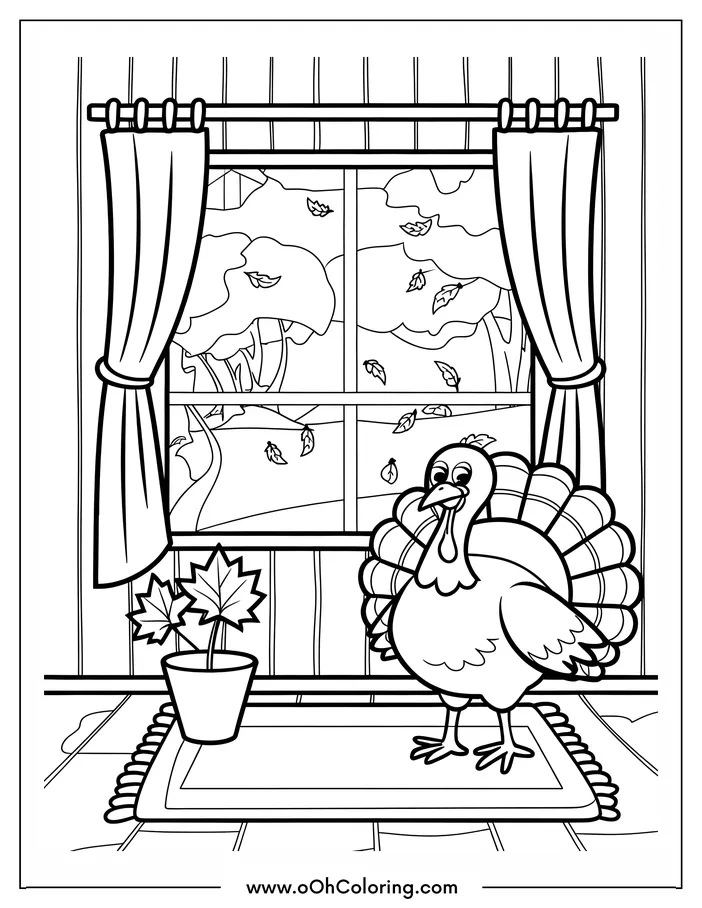 Turkey standing by a window with autumn leaves visible outside.