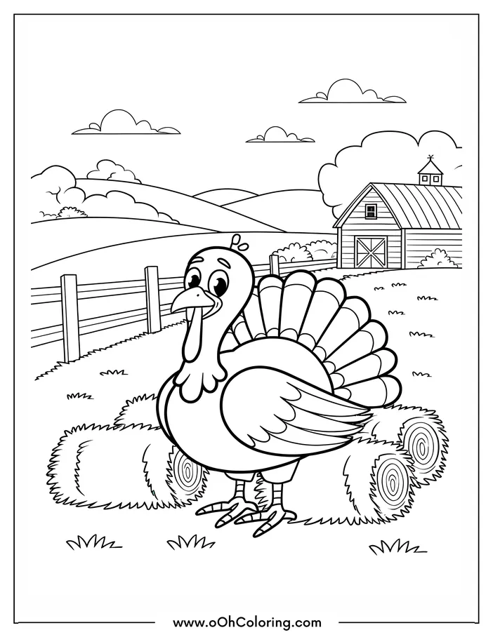 Turkey standing on a farm with a barn and haystacks in the background.