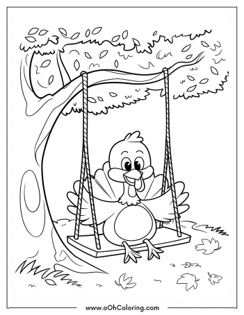 Turkey on a swing under a tree coloring page