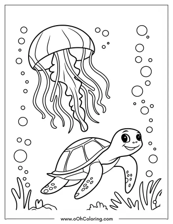 A coloring page of a sea turtle and a jellyfish with bubbles