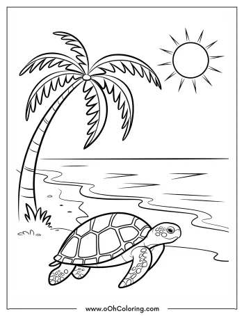 A coloring page of a turtle on a beach with a palm tree and sun