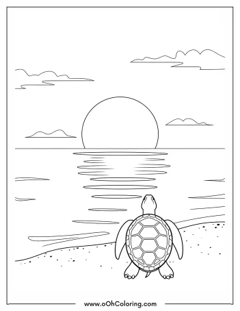 A coloring page of a turtle watching a sunset over the ocean