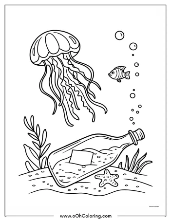 A coloring page of an underwater scene with a jellyfish, fish, and a message in a bottle.