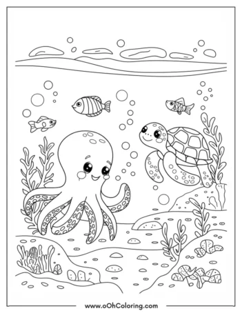 A coloring page of an octopus and a turtle with fish in an underwater setting