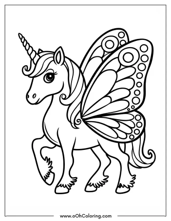 Coloring page featuring a unicorn with butterfly wings