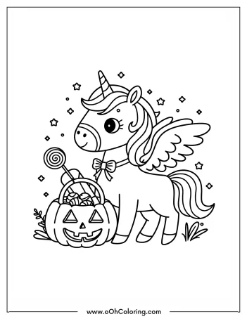 Unicorn with wings standing beside a carved pumpkin and candies.