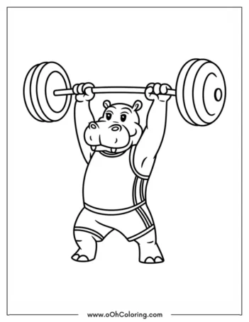 A coloring page of a hippo lifting weights