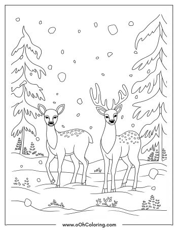 Coloring page with two deer in a snowy forest with pine trees.