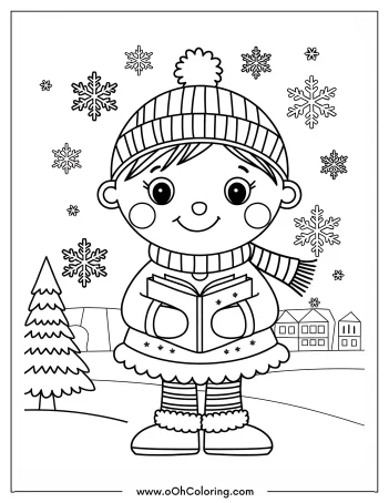 Young girl in winter clothes holding a book, surrounded by snowflakes.