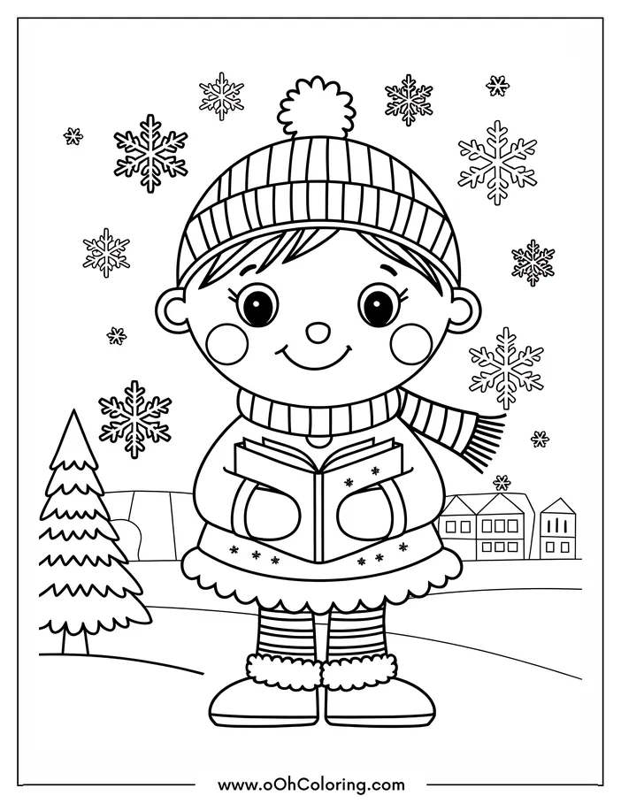 Young girl in winter clothes holding a book, surrounded by snowflakes.