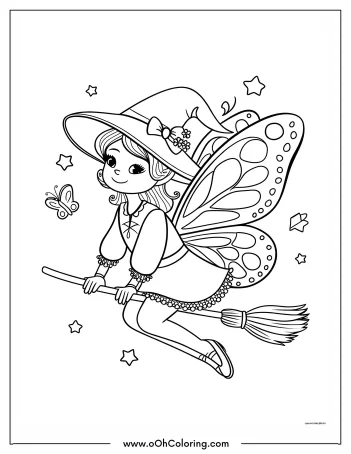 Fairy witch flying on a broomstick with a butterfly and stars.