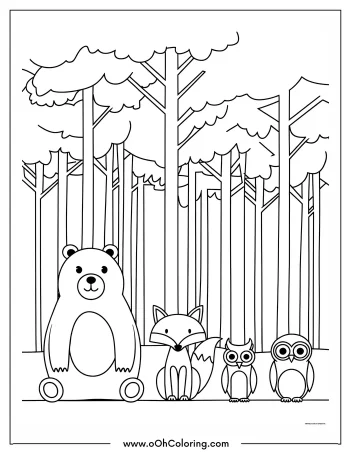 Coloring page of a bear, fox, and two owls in a forest