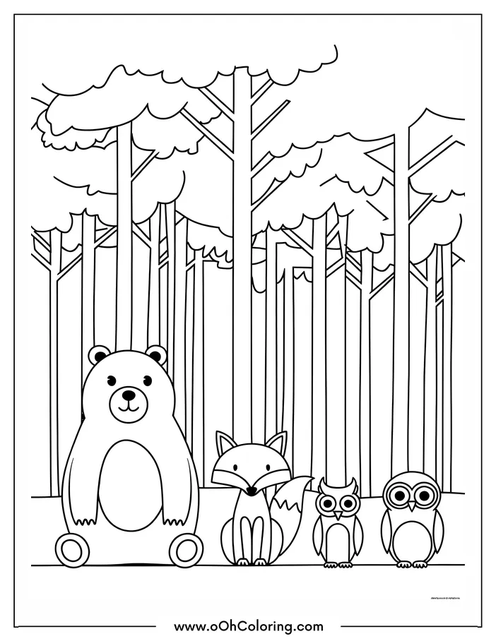 Coloring page of a bear, fox, and two owls in a forest