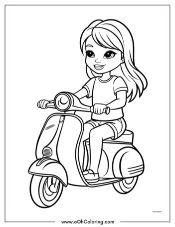 A coloring page of a young girl on a scooter