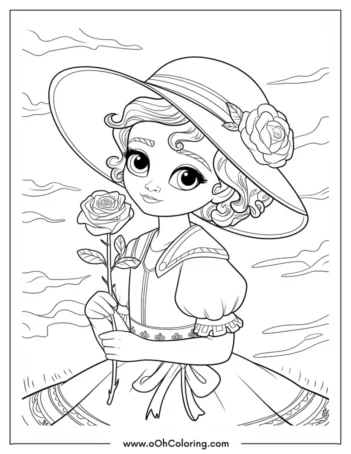 A coloring page of a young girl in a hat, holding a rose